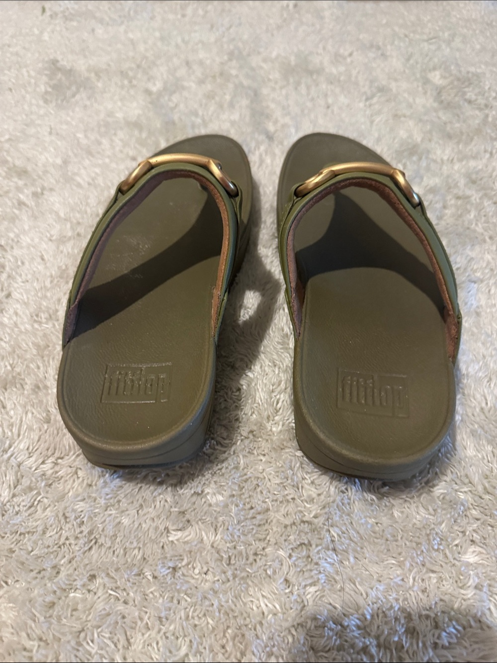 Fitflop Olive Green Leather Toe-Post Sandals with Gold Accent - Picture 2 of 6